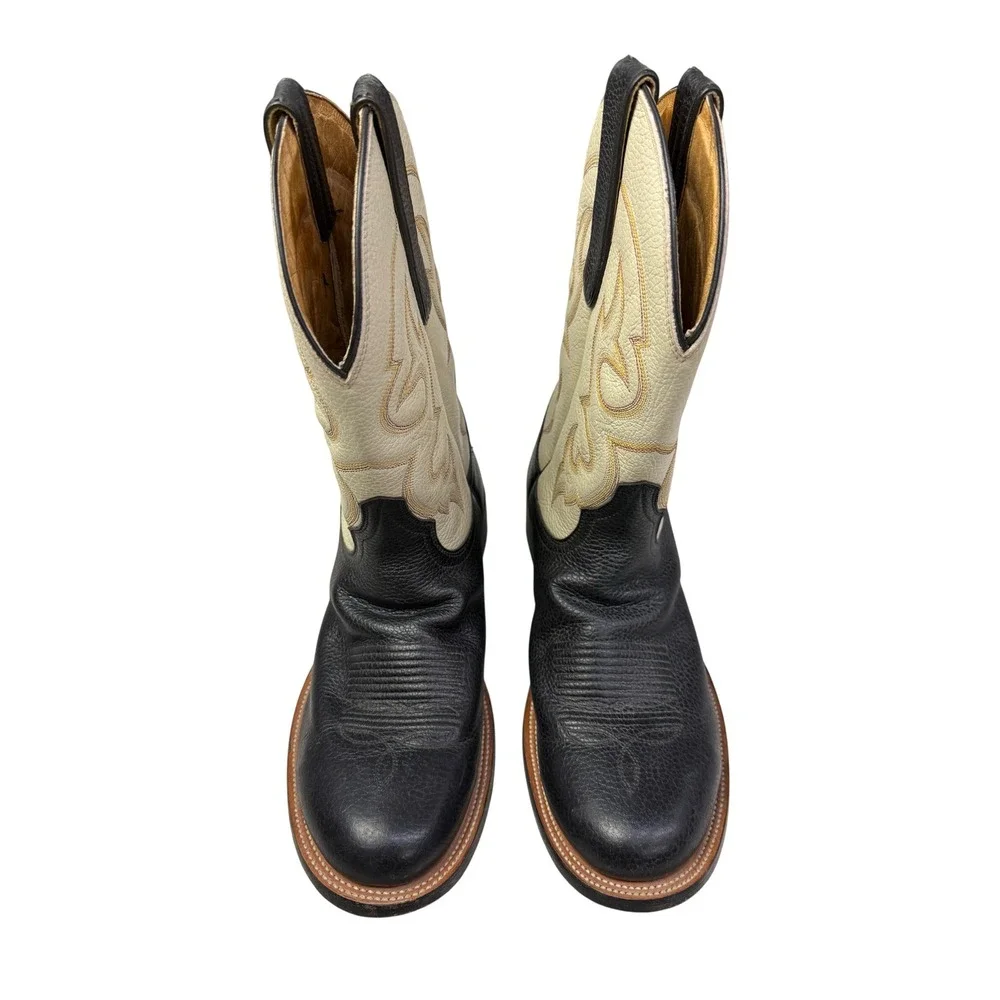Hondo Two Tone Leather Western Cowboy Boots Black Cream Round Toe  1057 10EE